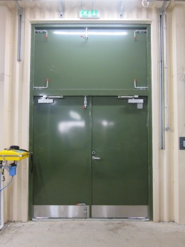 G15 steel door powder coated in Olive Green with removable transom panel.